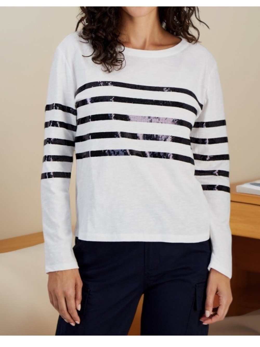 NWT Women's 100% Cotton Nautical Oversized White Stripe Sequin Top XS
